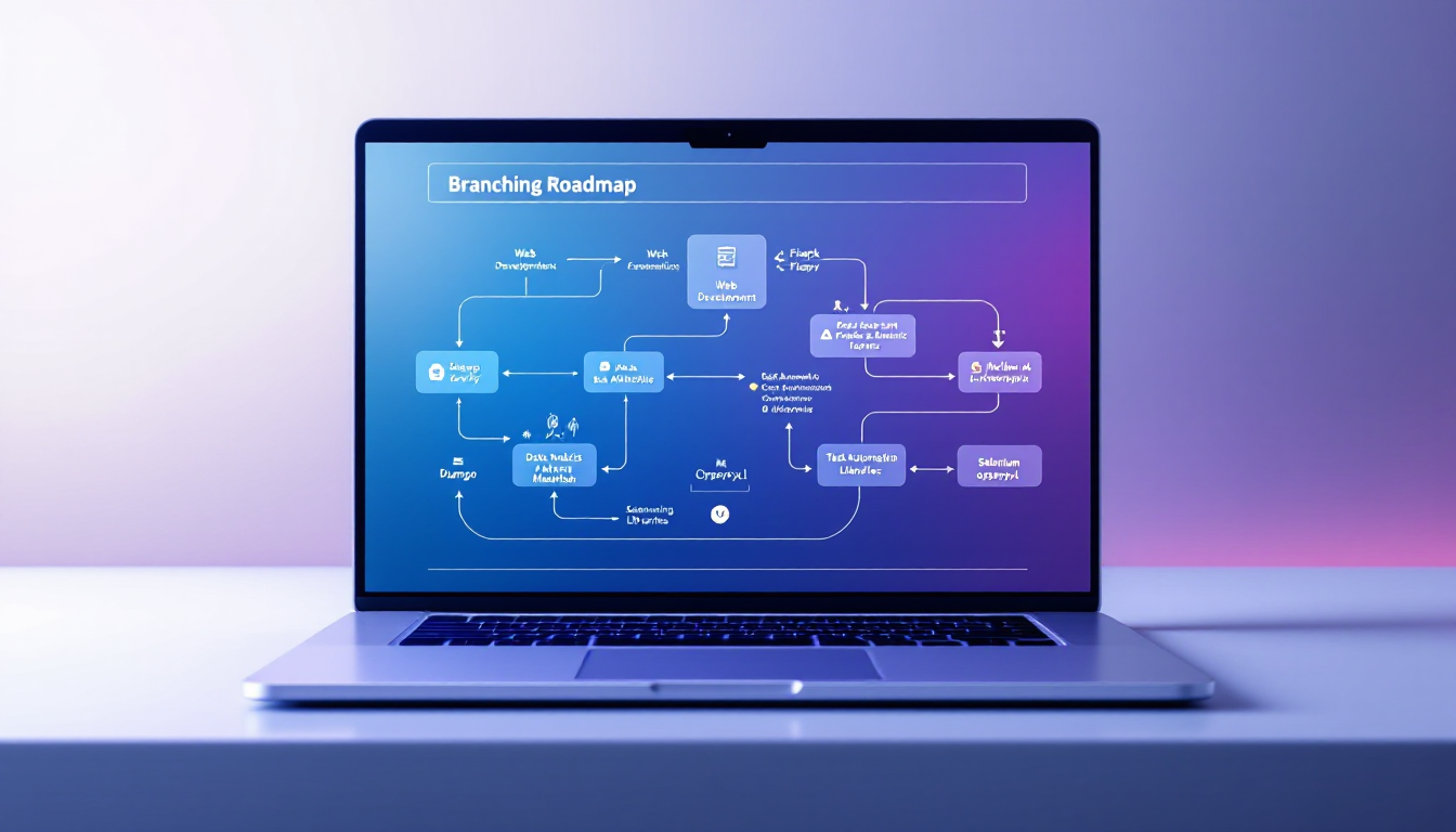 파이썬 심화 학습 로드맵: 웹 개발, 데이터 분석, 업무 자동화 분야를 나타낸 시각화