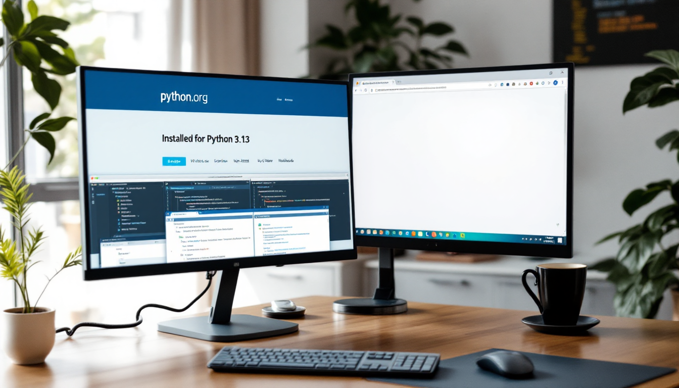 파이썬 3.13 설치 과정과 추천 IDE들을 보여주는 컴퓨터 작업 공간 이미지