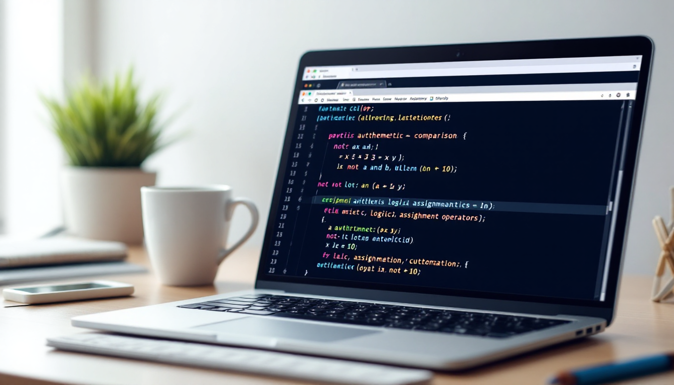 파이썬 산술, 비교, 논리, 할당 연산자와 예시 코드를 설명하는 작업 공간 이미지