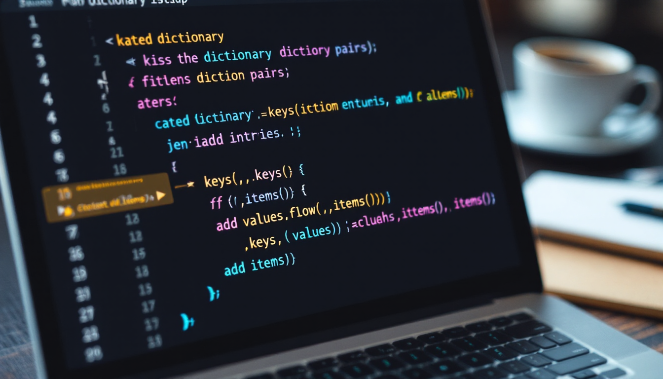 파이썬 딕셔너리의 키-값 쌍과 주요 메서드를 설명하는 코드 에디터 화면