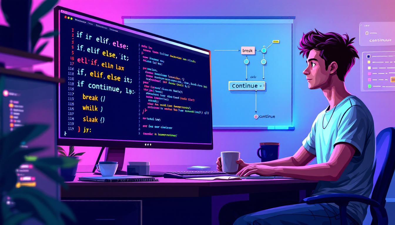 파이썬 조건문과 반복문, 제어문을 설명하는 코드와 흐름도 이미지